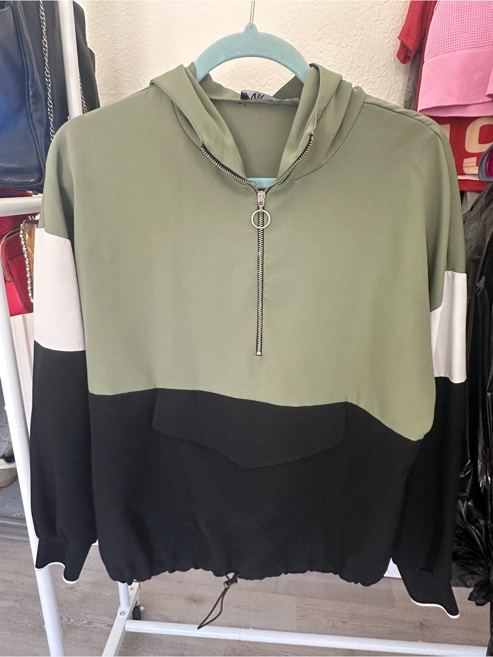 Zara Olive Green, Black & White Zip-Up Hoodie Sweater